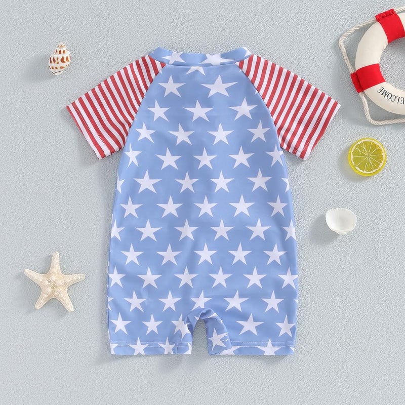 Fuethsuy 4th of July Baby Boy Swimsuit American Flag Zipper Swimwear Short Sleeve Rash Guard Sunsuit One Piece Bathing Suit - Image 4
